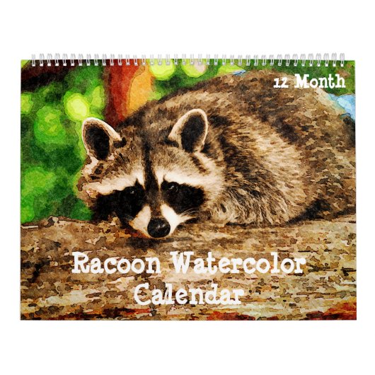 12 maanden Waterverf Raccoon Wildlife Painting Art Kalender (Hoes)