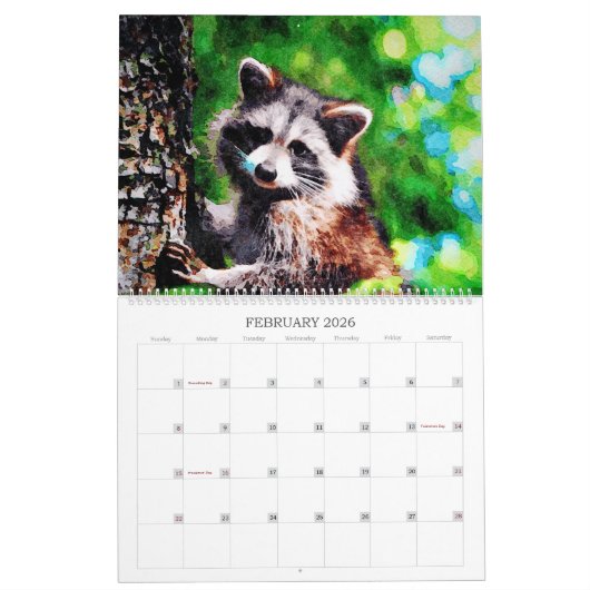 12 maanden Waterverf Raccoon Wildlife Painting Art Kalender (Feb 2026)