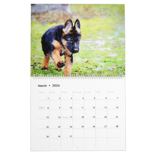 12 maanden Waterverf Shepherd Alsatian Dogs Kalender (Mar 2026)