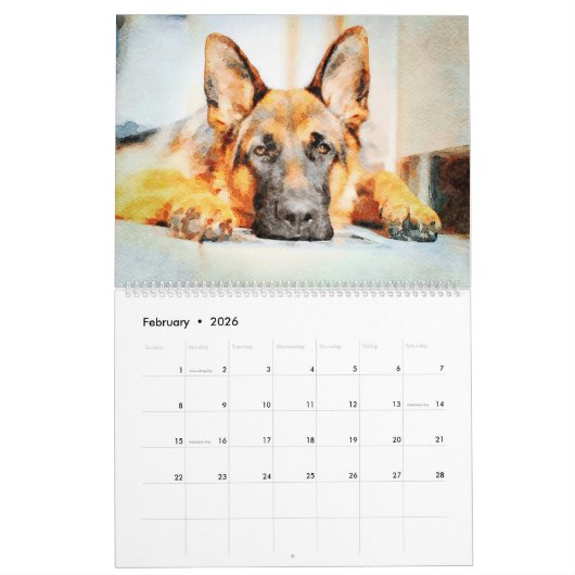 12 maanden Waterverf Shepherd Alsatian Dogs Kalender (Feb 2026)