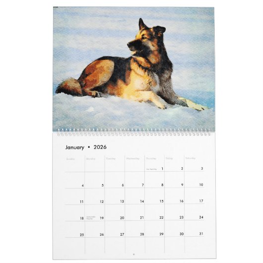 12 maanden Waterverf Shepherd Alsatian Dogs Kalender (Jan 2026)