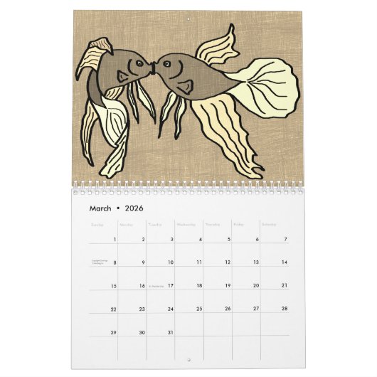 12-maandenkalender met kinderachtige sepia-tekenin kalender (Mar 2026)