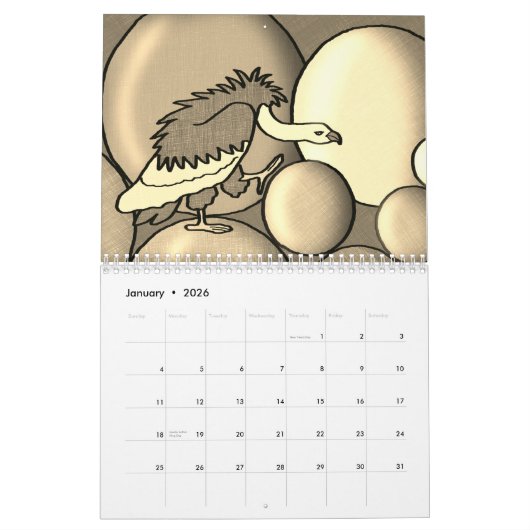 12-maandenkalender met kinderachtige sepia-tekenin kalender (Jan 2026)