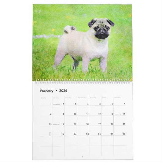 12-maands Cute Pug-Waterverf voor gezelschapsdiere Kalender (Feb 2026)