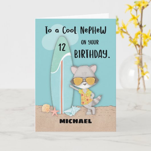 12 Nephew Birthday Beach Funny Cool Raccoon Kaart (Gele Bloem)
