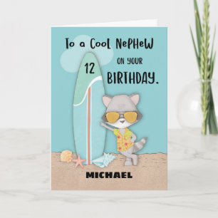 12 Nephew Birthday Beach Funny Cool Raccoon Kaart