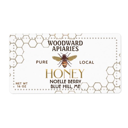 12 oz hexagon Honey Label with honeybee (Voorkant)