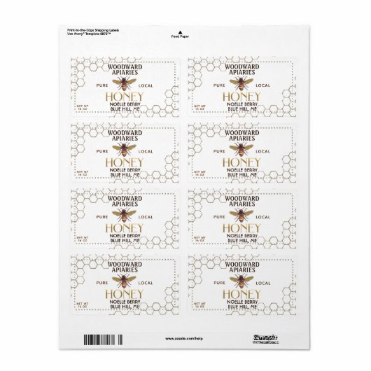 12 oz hexagon Honey Label with honeybee (Full Sheet)