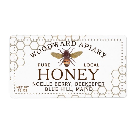 12 oz hexagon Honey Label with honeybee (Voorkant)