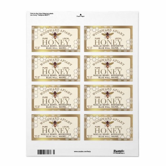 12 oz hexagon Honing met bijenhoningraat gouden ra Etiket (Full Sheet)