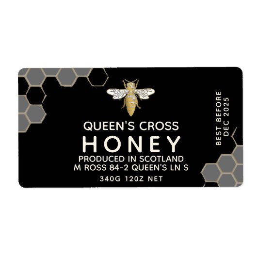 12 oz Honey Hex Jar Label honingraat & Queen bij (Voorkant)