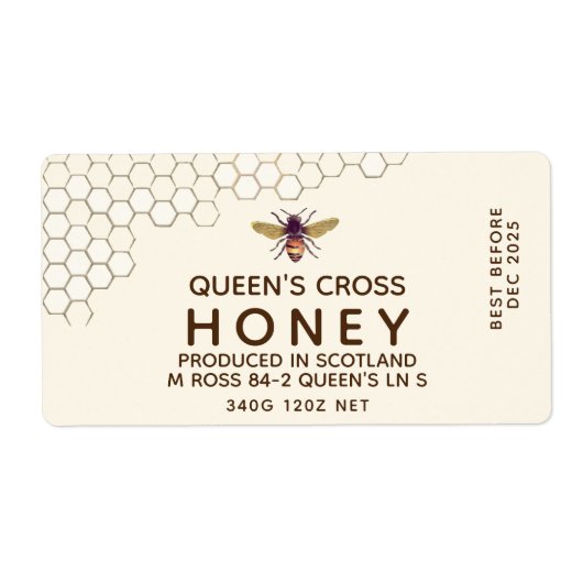 12 oz Honey Hex Jar Label met honingraat en bijen (Voorkant)