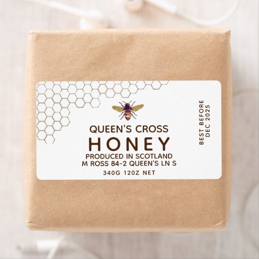 12 oz Honey Hex Jar Label met honingraat en bijen (Insitu)