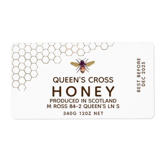 12 oz Honey Hex Jar Label met honingraat en bijen (Voorkant)