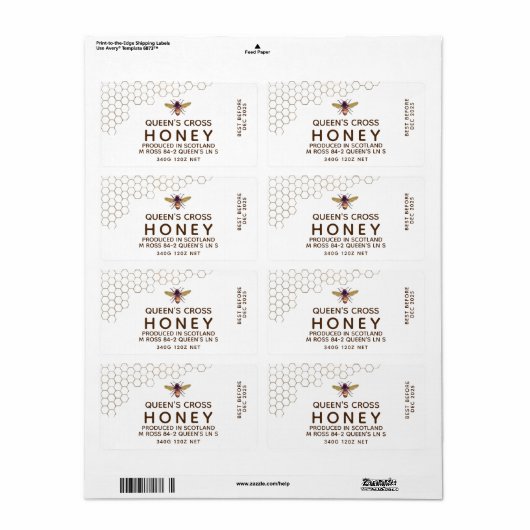 12 oz Honey Hex Jar Label met honingraat en bijen (Full Sheet)