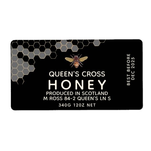 12 oz Honey Hex Jar Label met honingraat en bijen (Voorkant)