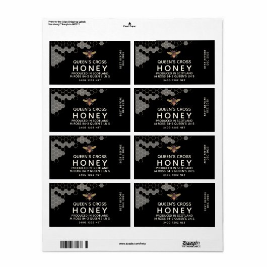 12 oz Honey Hex Jar Label met honingraat en bijen (Full Sheet)