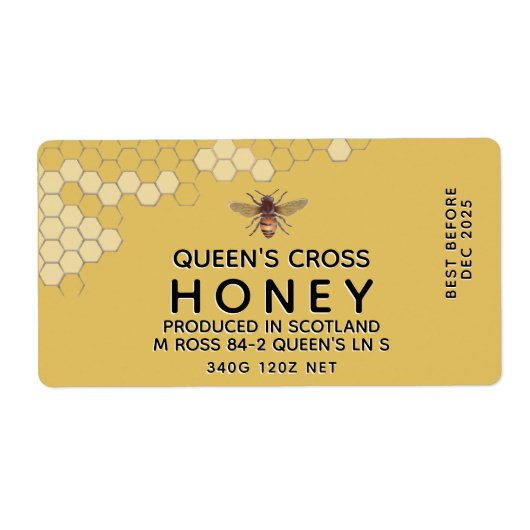 12 oz Honey Hex Jar Label met honingraat en bijen (Voorkant)