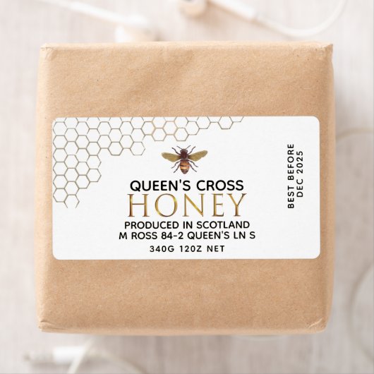 12 oz Honey Hex Jar Label met honingraat en bijen (Insitu)
