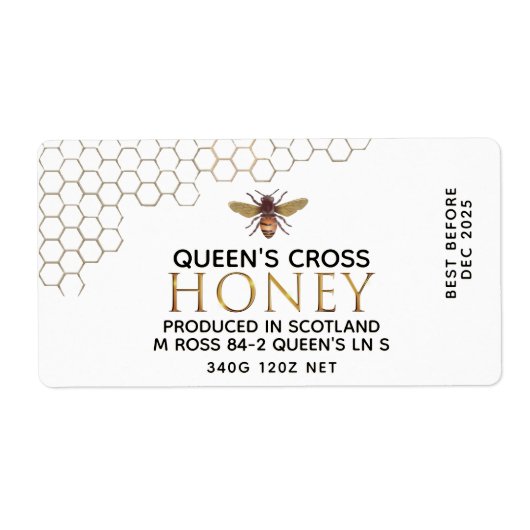 12 oz Honey Hex Jar Label met honingraat en bijen (Voorkant)