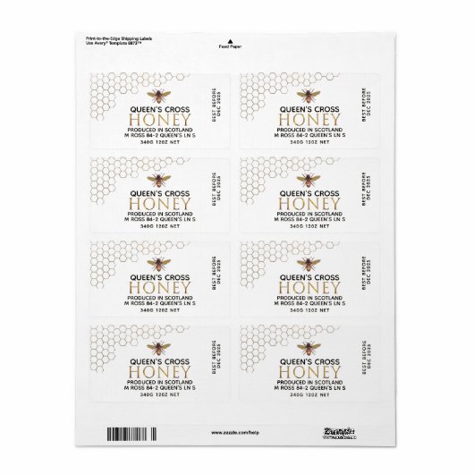12 oz Honey Hex Jar Label met honingraat en bijen (Full Sheet)