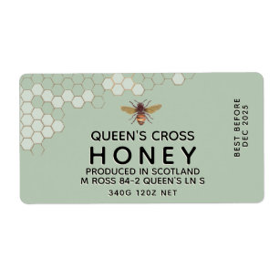 12 oz Honey Hex Jar Label met honingraat en bijen
