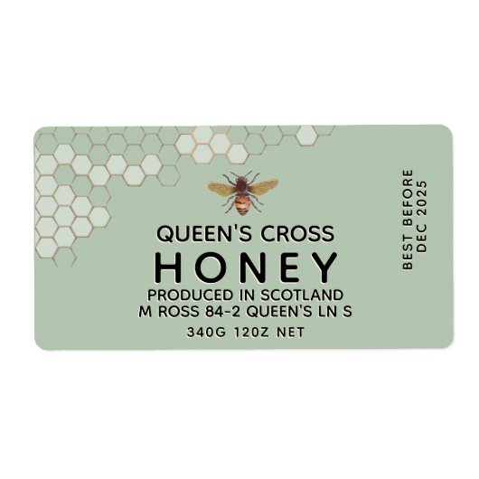 12 oz Honey Hex Jar Label met honingraat en bijen (Voorkant)