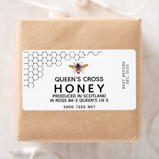12 oz Honey Hex Jar Label met honingraat en bijen (Insitu)
