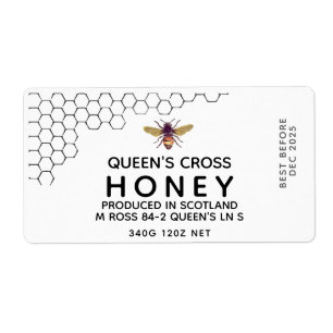 12 oz Honey Hex Jar Label met honingraat en bijen