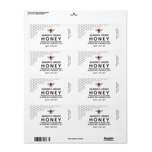 12 oz Honey Hex Jar Label met honingraat en bijen (Full Sheet)