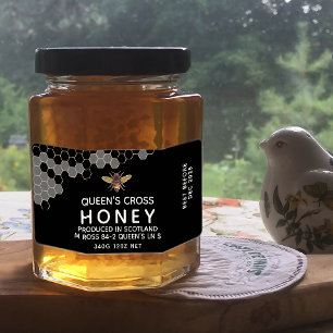 12 oz Honey Hex Jar Label met honingraat en bijen