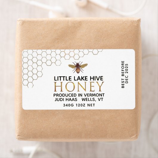 12 oz Honey Hex Jar Label met honingraat en bijen (Insitu)