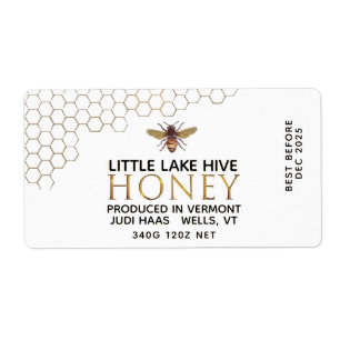 12 oz Honey Hex Jar Label met honingraat en bijen
