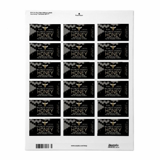 12 oz Honing Hex Jar Label Queen Bee Honingraat (Full Sheet)