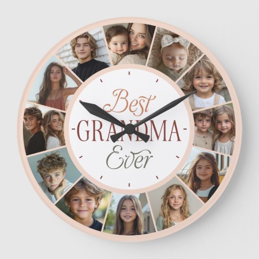 12 Photo Collage Best Grandma Ever Large Clock Grote Klok (Voorkant)