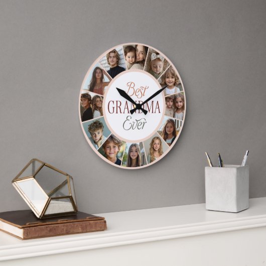 12 Photo Collage Best Grandma Ever Large Clock Grote Klok (Kantoor)
