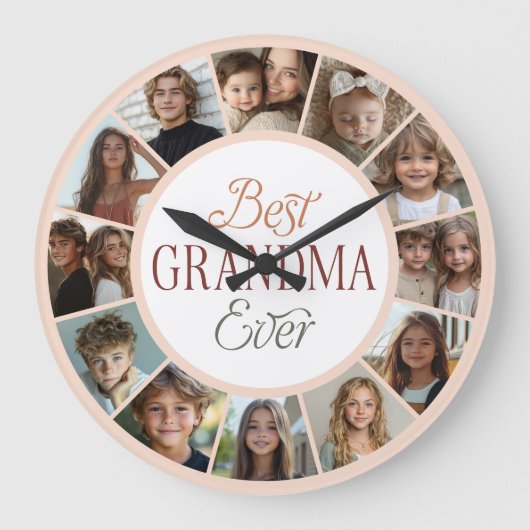 12 Photo Collage Best Grandma Ever Large Clock Grote Klok (Voorkant)