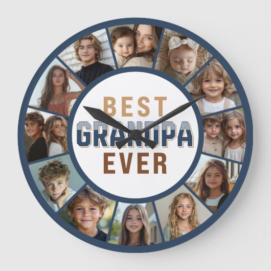 12 Photo Collage Best Grandpa Ever Large Clock Grote Klok (Voorkant)