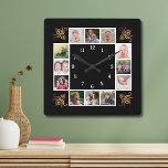 12 Photo Collage Create Your Own Gold Black Vierkante Klok<br><div class="desc">Create your own photo collage wall clock with 12 of your favorite pictures. The photo frame clock  helps you treasure your special moments and also makes a thoughtful gift for parents, grandparents and friends. The personalized family clock makes an unique gift for all occasions.</div>