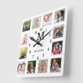 12 Photo Collage Family Name Monogram Black White Vierkante Klok (Hoek)
