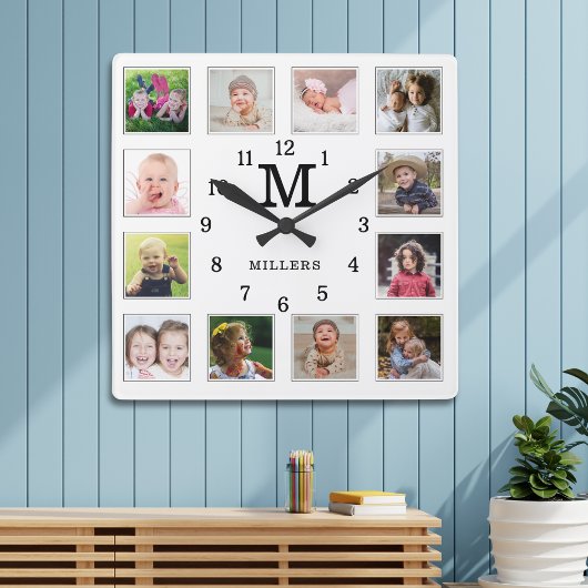 12 Photo Collage Family Name Monogram Black White Vierkante Klok