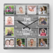 12 Photo Collage Family Quote Farmhouse Gray Wood Vierkante Klok (Voorkant)