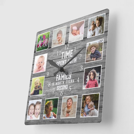 12 Photo Collage Family Quote Farmhouse Gray Wood Vierkante Klok (Hoek)
