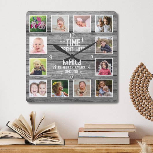 12 Photo Collage Family Quote Farmhouse Gray Wood Vierkante Klok