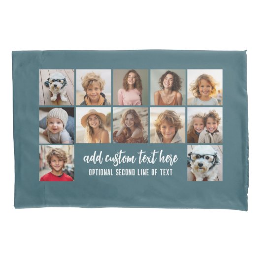 12 Photo Collage Grid - 2 tekstvakken - blauw wit Kussensloop (Voorkant)