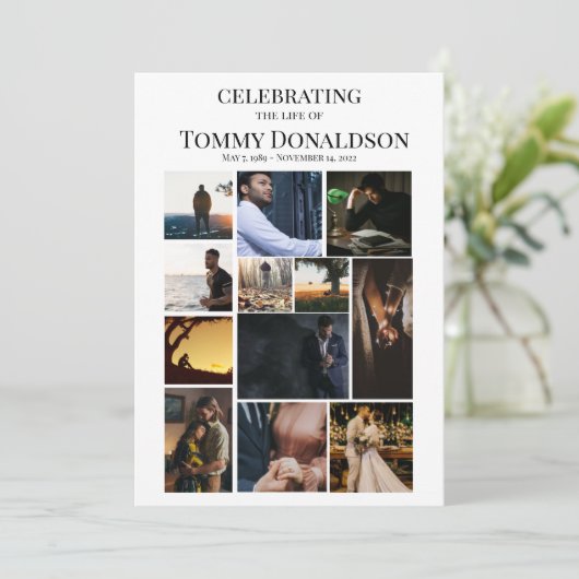 12 Photo Collage Plain Text Funeral Program Kaart (Staand voorkant)