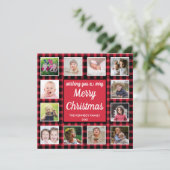 12 Photo Collage Red Buffalo Plaid Merry Christmas Feestdagenkaart (Staand voorkant)