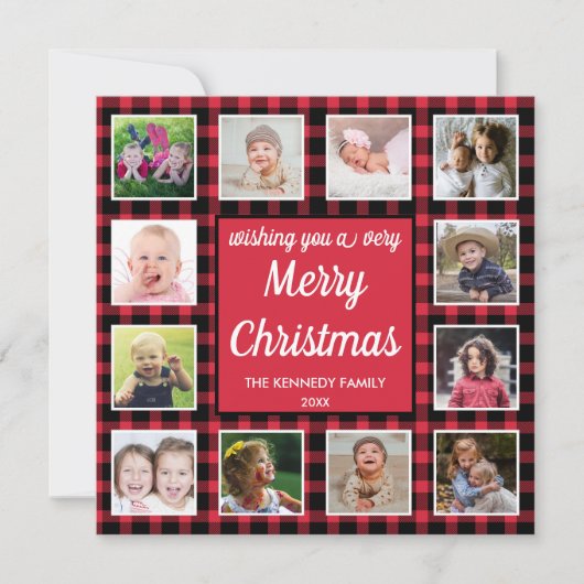 12 Photo Collage Red Buffalo Plaid Merry Christmas Feestdagenkaart (Voorkant)