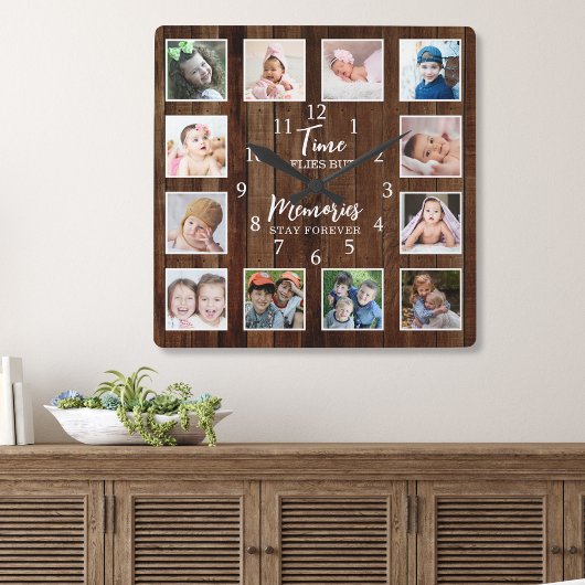 12 Photo Collage Time Memories Quote Pallet Wood Vierkante Klok