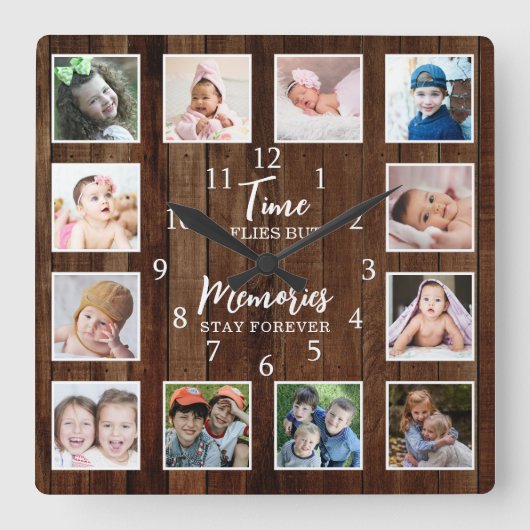 12 Photo Collage Time Memories Quote Pallet Wood Vierkante Klok (Voorkant)